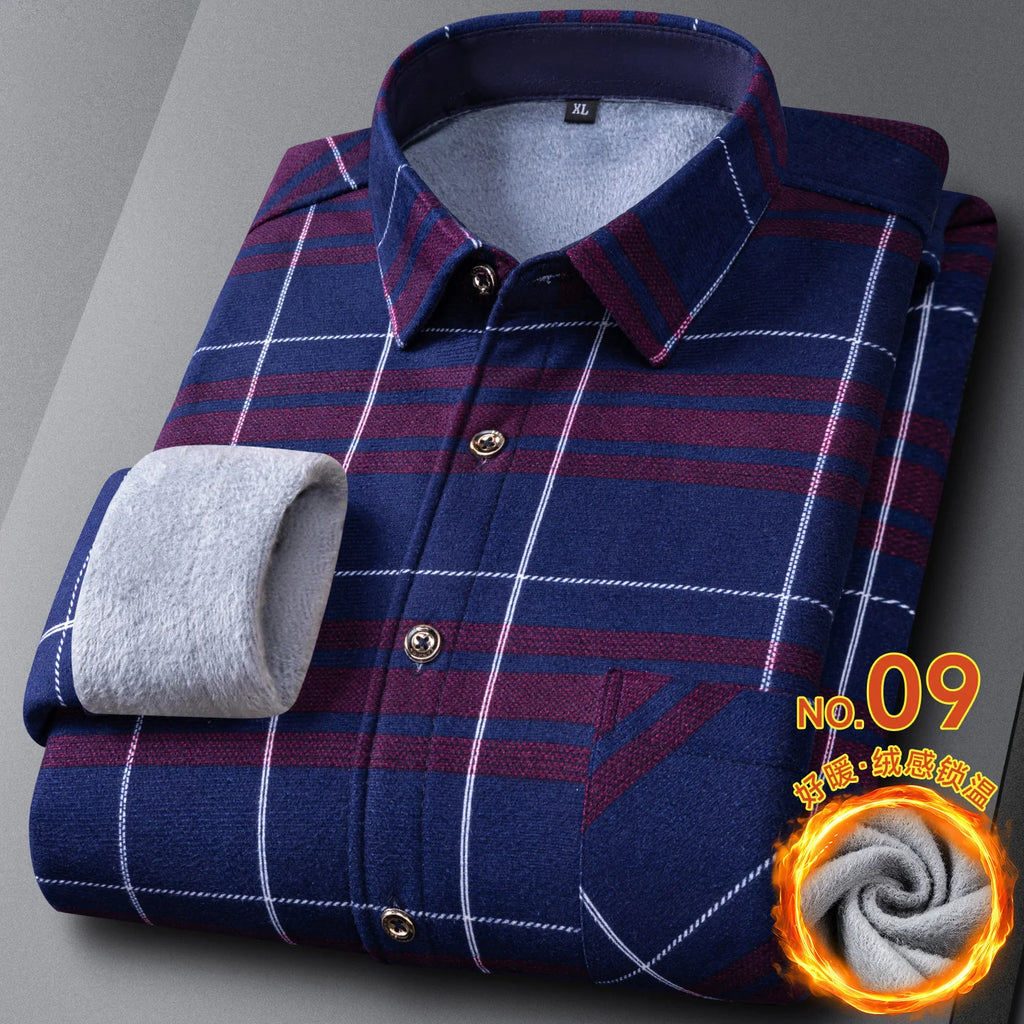 New In Tops Men's Thicken Flannel Fur Lined Shirts Autumn Winter Plus Sized Warm Long Sleeved Plaid Business Casual Slim Clothes