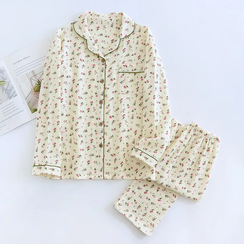 2026 Spring and Autumn Women's Pajama Set 100% Cotton Crepe Long sleeved Pants Two piece Cute and Sweet Home Fury Set Ladies