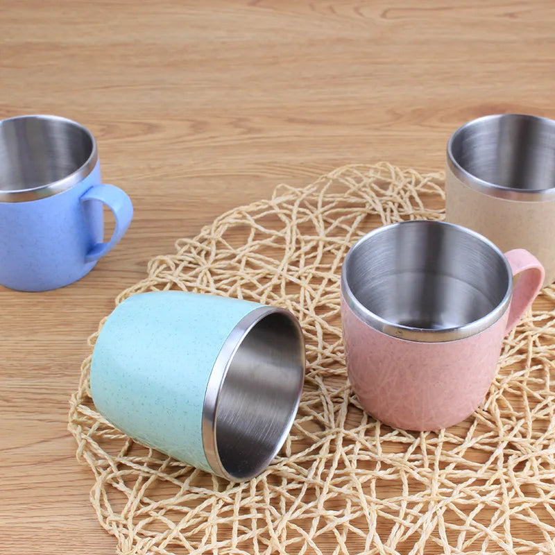 Double Layer Stainless Steel Water Cup Anti-scalding Coffee Milk Mug Tea Drinks Water Cups with Plastic Handle Office Tumbler