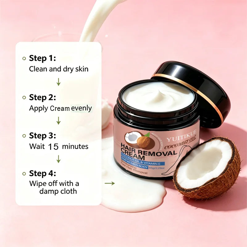 YUITIKUE Coconut Oil VE Hair Removal Cream, Moisturizing Fast Depilatory Cream for Women Legs Arms Body 65g