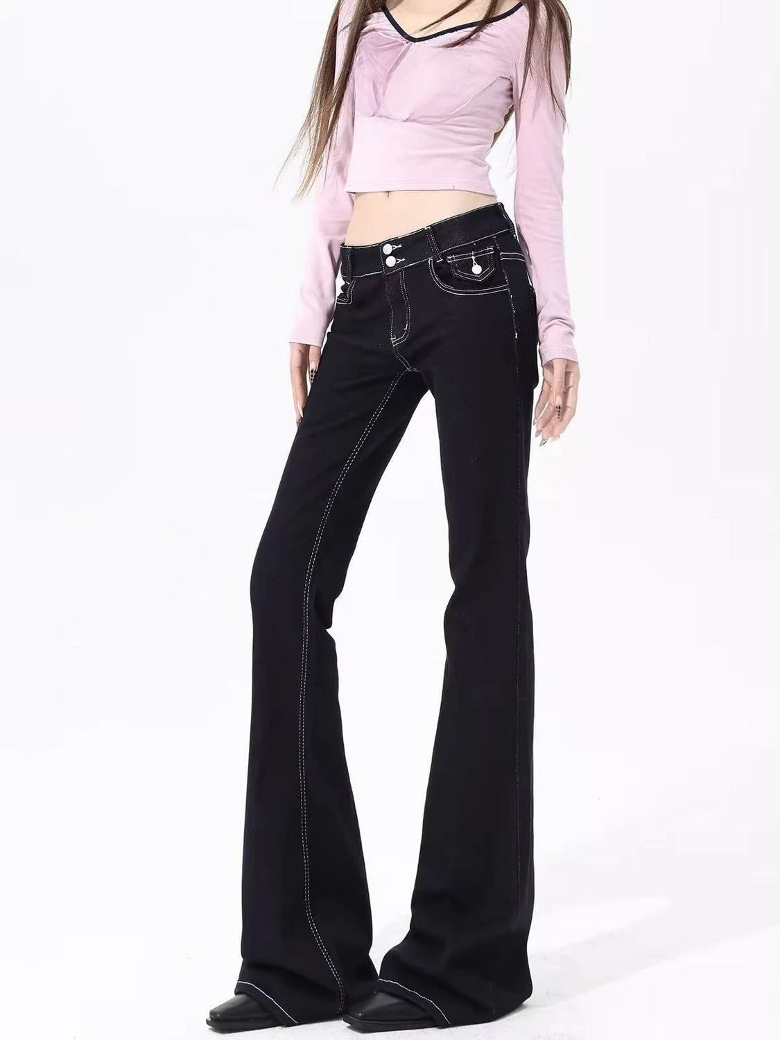 Y2K Women Low Waist Micro Flare Jeans Black Contrast Stitch Denim Pants Double Button Slim Retro Streetwear Bootcut Trousers