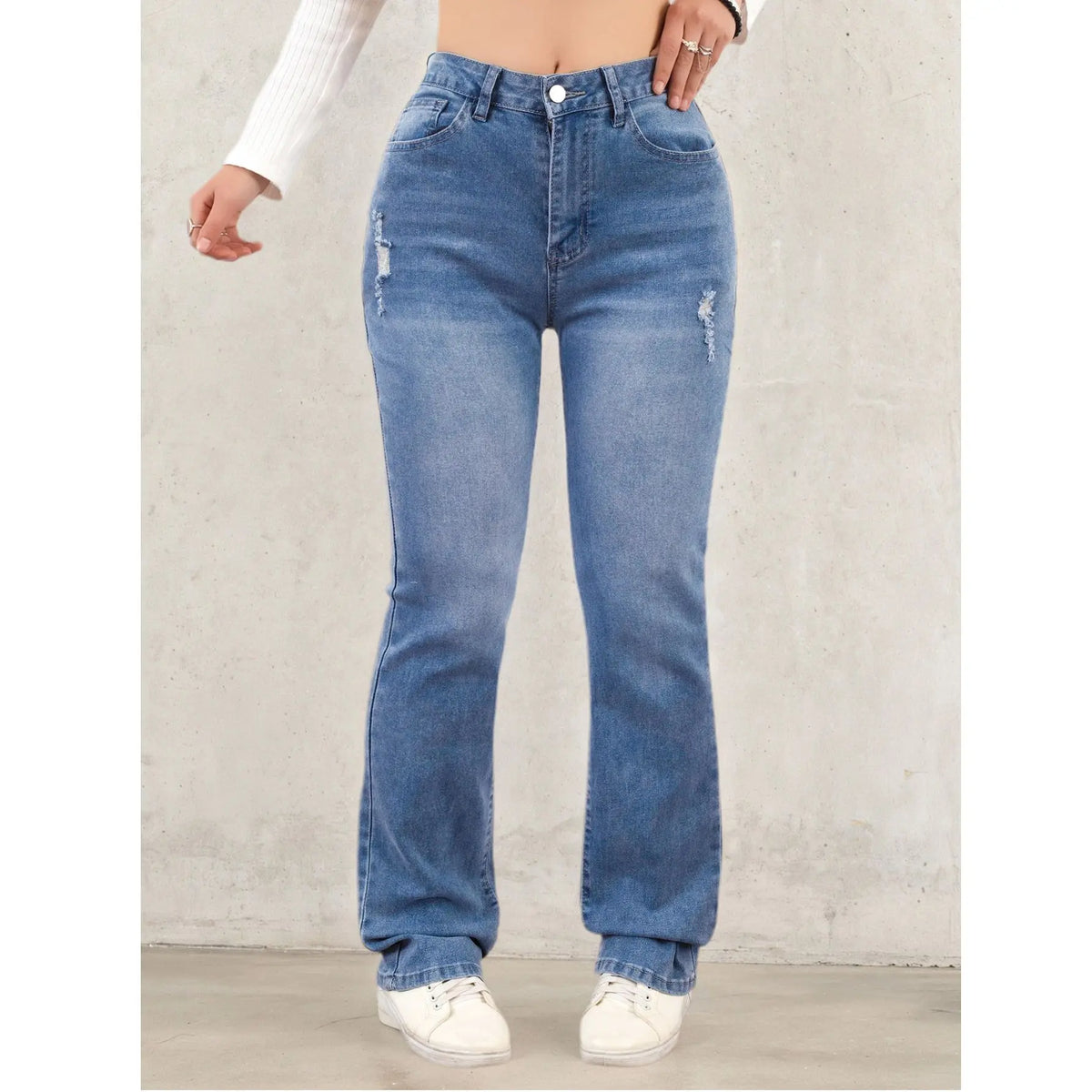 Women's denim pants suitable for all seasons light blue simple casual fashionable versatile elastic perforated flared pants