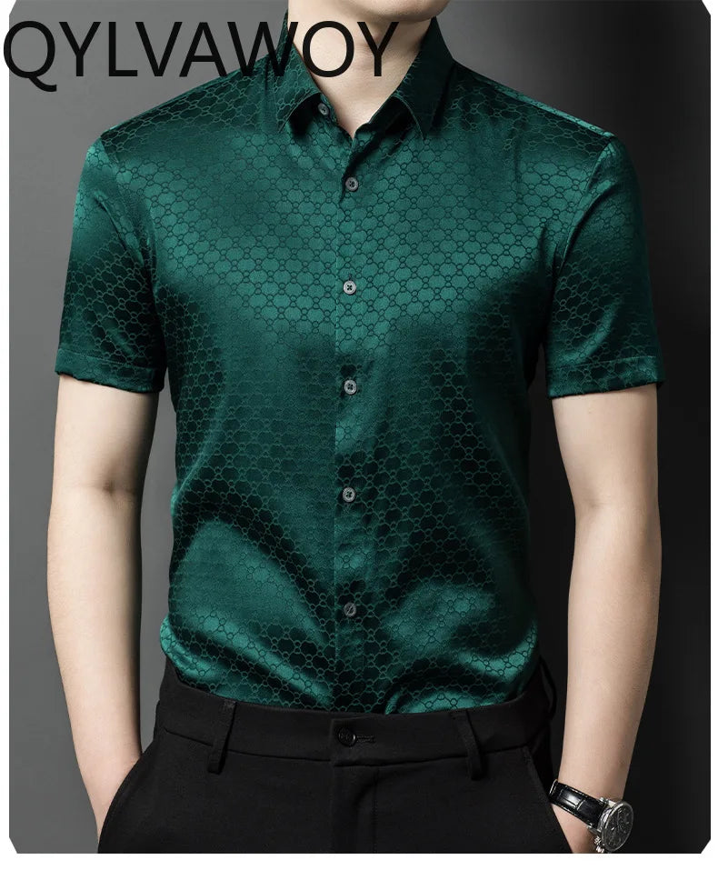 QYLVAWOY New Men's Shirts Summer Tops 92% Real Mulberry Silk Shirts Lapel Short Sleeve Stylish Clothes for Man Business Casual