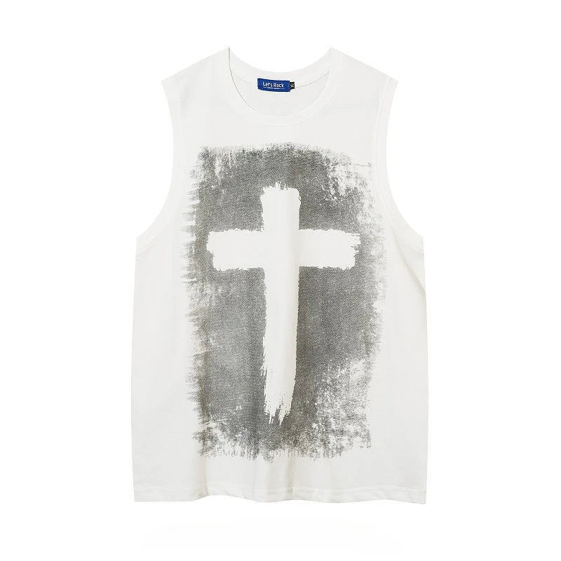Men's Summer O-neck Sleeveless Short Sleeved Gothic Cross Printed Vests Trendy High Street American Retro Loose Casual Tank Tops
