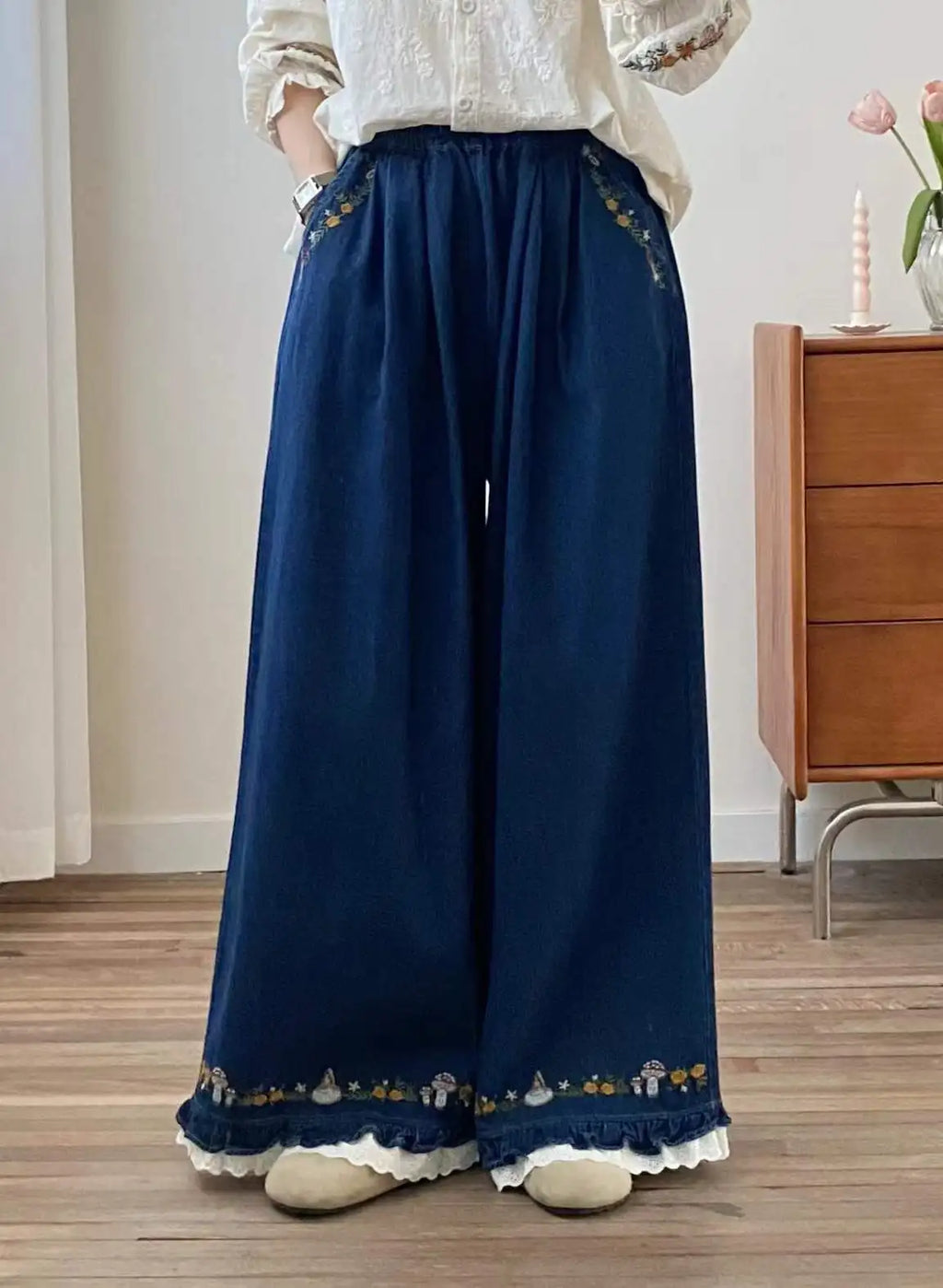 New 2025 Fall Cotton Denim Trousers, Women Elastic Waist Embroidery Ruffles, Mori Girl French Retro Chic Wide Leg Jeans B59422CC