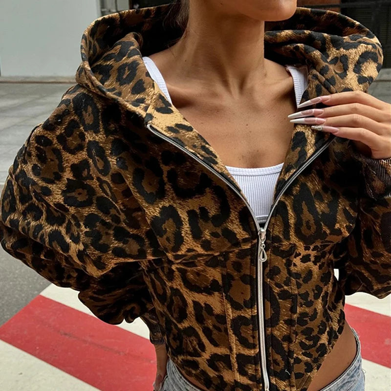 BKLD Women's Classic Hooded Long Sleeved Patchwork Irregular Sexy Zip Up Corset Short Jacket Street Style Leopard Coat Outerwear