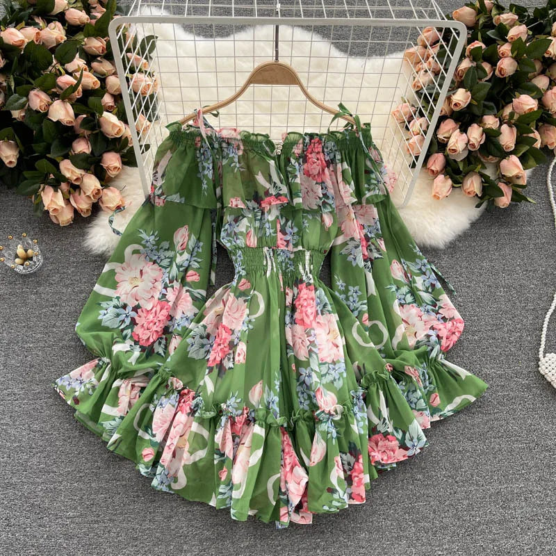 2025 New Retro Summer Beach Vacation Dress Women Sexy Strapless Lantern Sleeve Sweet Floral Jumpsuit Short Chiffon Print Dresses
