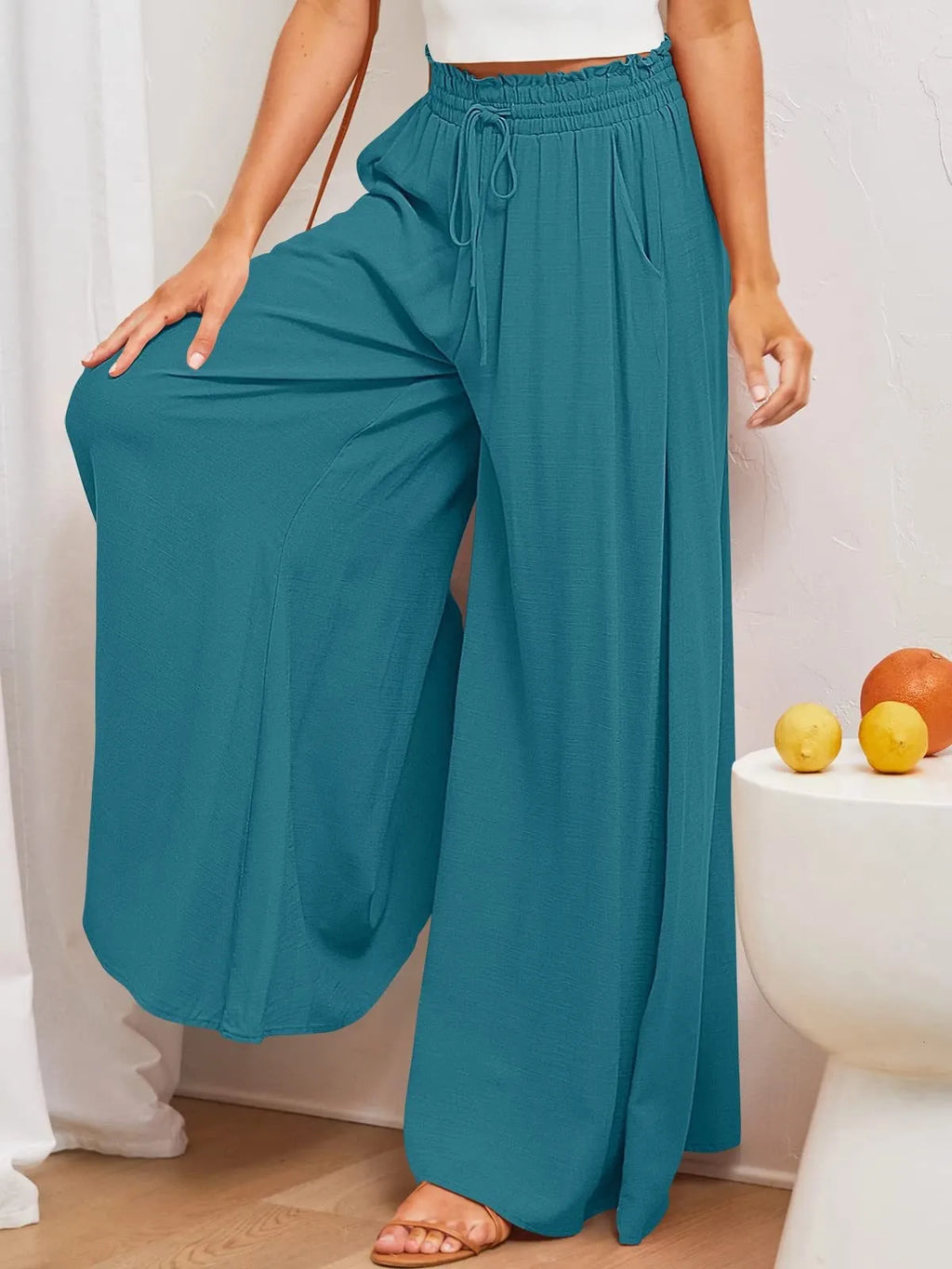 Women's Elastic Long Palazzo Pants Casual Urban Style Tie Detail Polyester Blend Woman Clothes Female Clothing Women's And