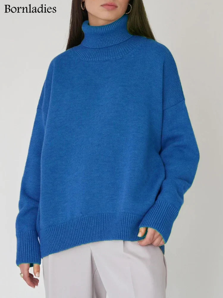 Bornladies Women Turtleneck Sweater CHIC Autumn Winter Thick Warm Pullover Top Oversized Casual Loose Knitted Jumper Female Pull