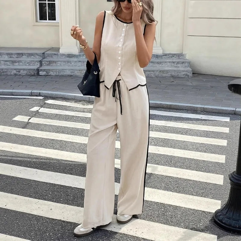 Women Color Block Two Piece Set Sleeveless Single Breasted Vest Drawstring Long Pants European Daily European Casual Daily