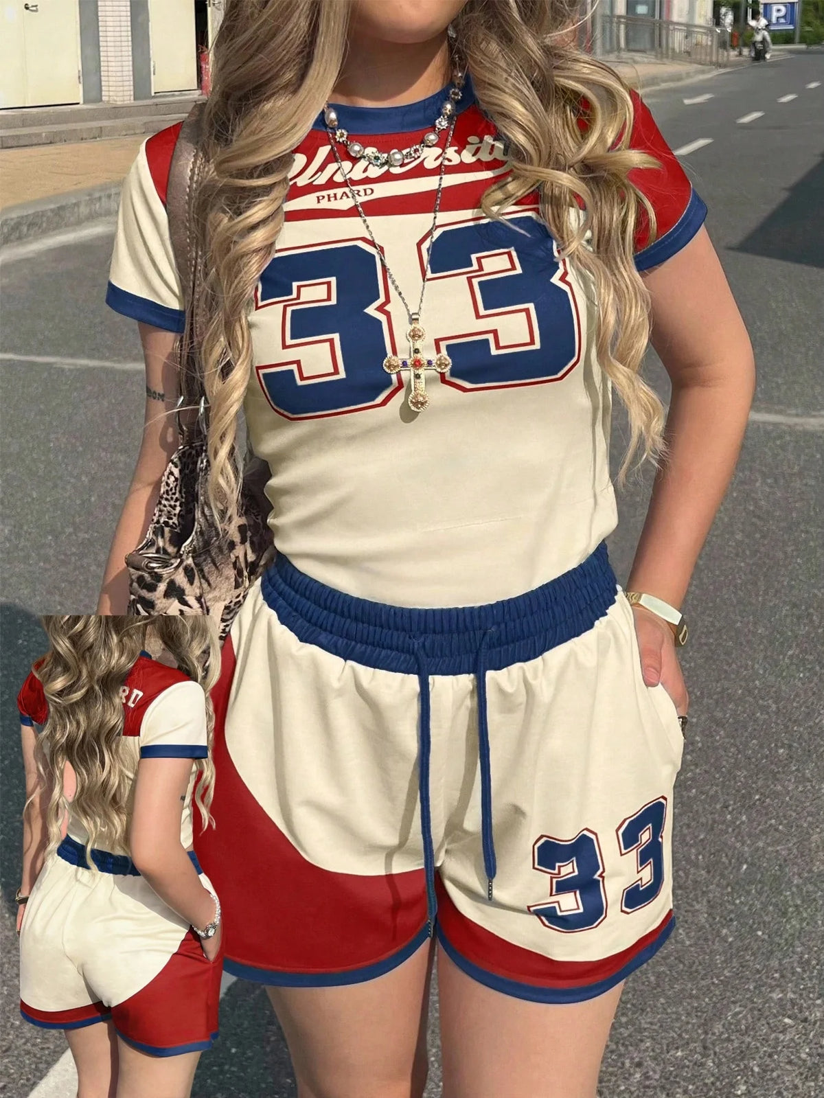 New Summer American Street Trend Spicy Girl Ins Style 33 Jersey Element T-shirt Set Casual Oversized  Top Shorts FamilyMatching