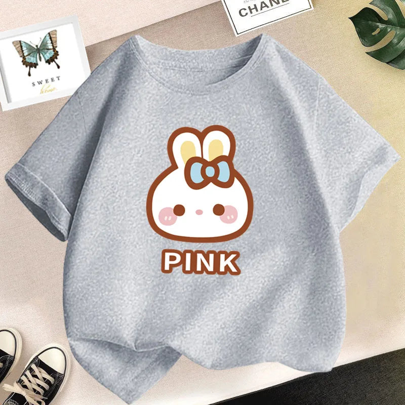 Girl Cute Rabbit Graphic Tshirt Short Sleeve Cotton T-Shirts For Baby Girl Cute Pink Color T-Shirts Children Summer Clothing