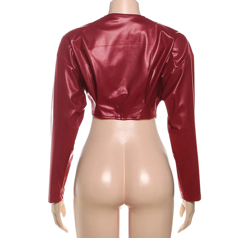 Joskaa 2025 Fall Women's PU Leather Jackets Fashion Solid Lapel Full Sleeve Slim Irregular Crop Coats Outerwear Y2K Streetwear