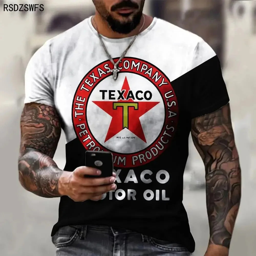 MOBIL Men's T-Shirt 3D Graphics Texaco Car Oil Pullover Fashion Summer Casual Tops Sweatshirt Men's Harajuku T-Shirt Clothing