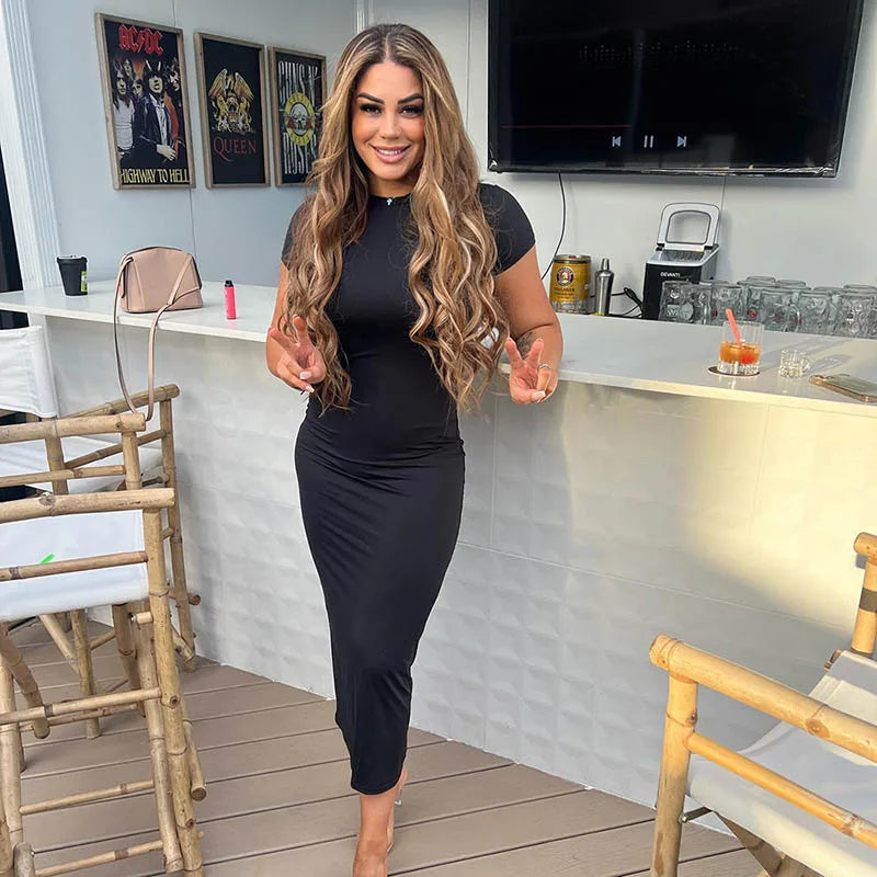 2025 Women Solid Color Slim Short Sleeve Casual Pullover Sumer Long Dress Skinny Sexy Daily Dress
