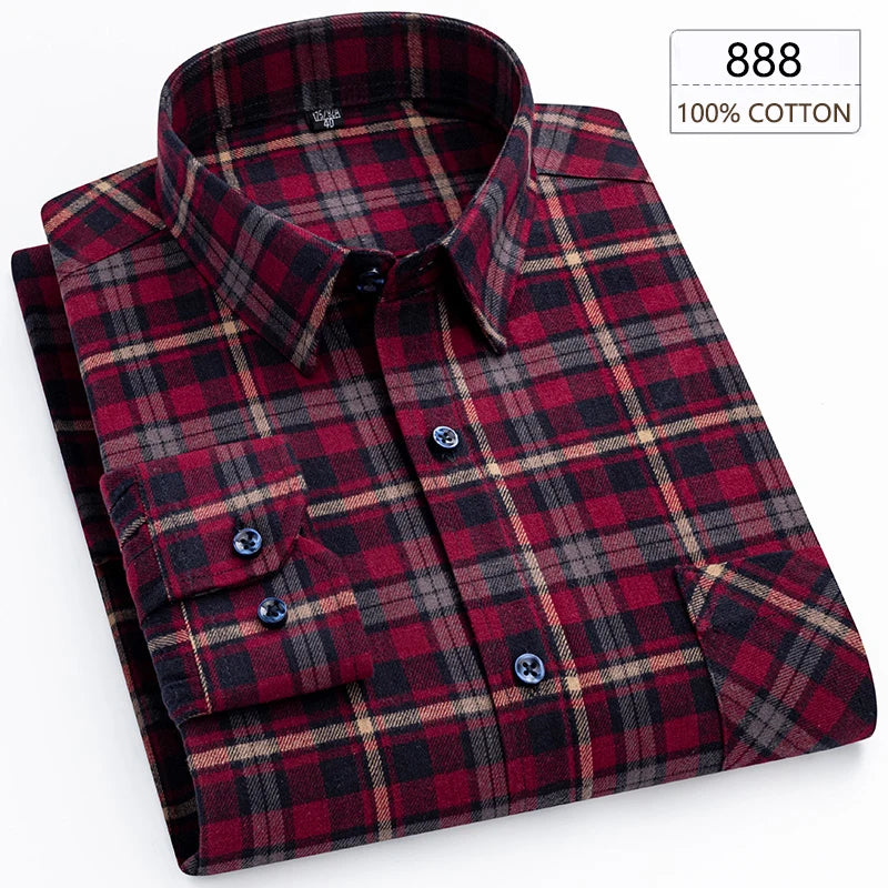 Men's Winter Chic Long Sleeve Shirt Cotton Flannel Plaid Button-Up Comfortable Warm Top for Business Casual Dress Shirts New
