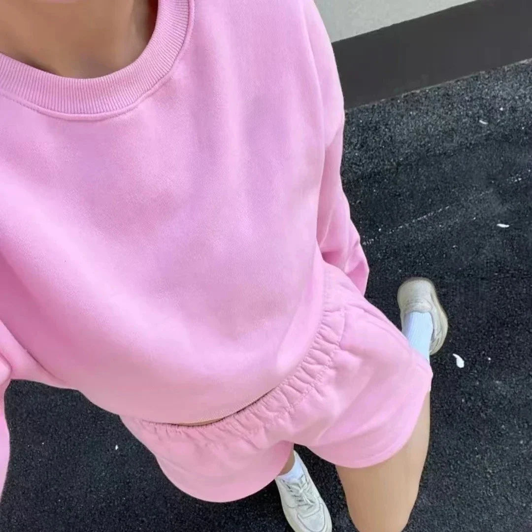 ao Women Yoga Set Cropped Sweatshirts+Shorts Crew Neck Pullover Spring 2 piece set Active Short Tracksuit Pink Jogger Sportswear