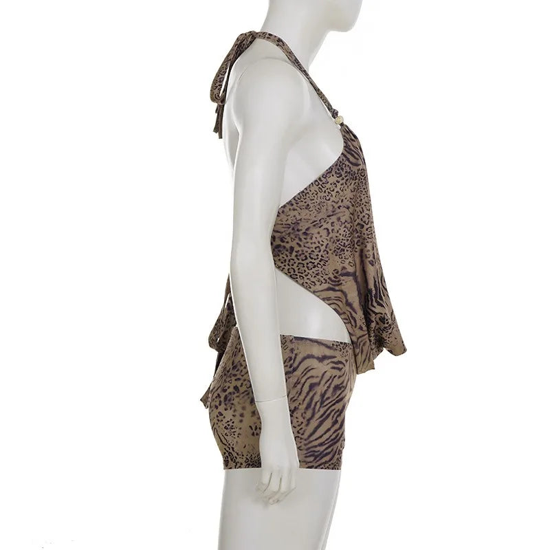 Women Sexy Leopard Print 2 Piece Set Swinging Collar Lace Up Halter Backless Tank Tops + Shorts Holiday Matching Suits Clubwear