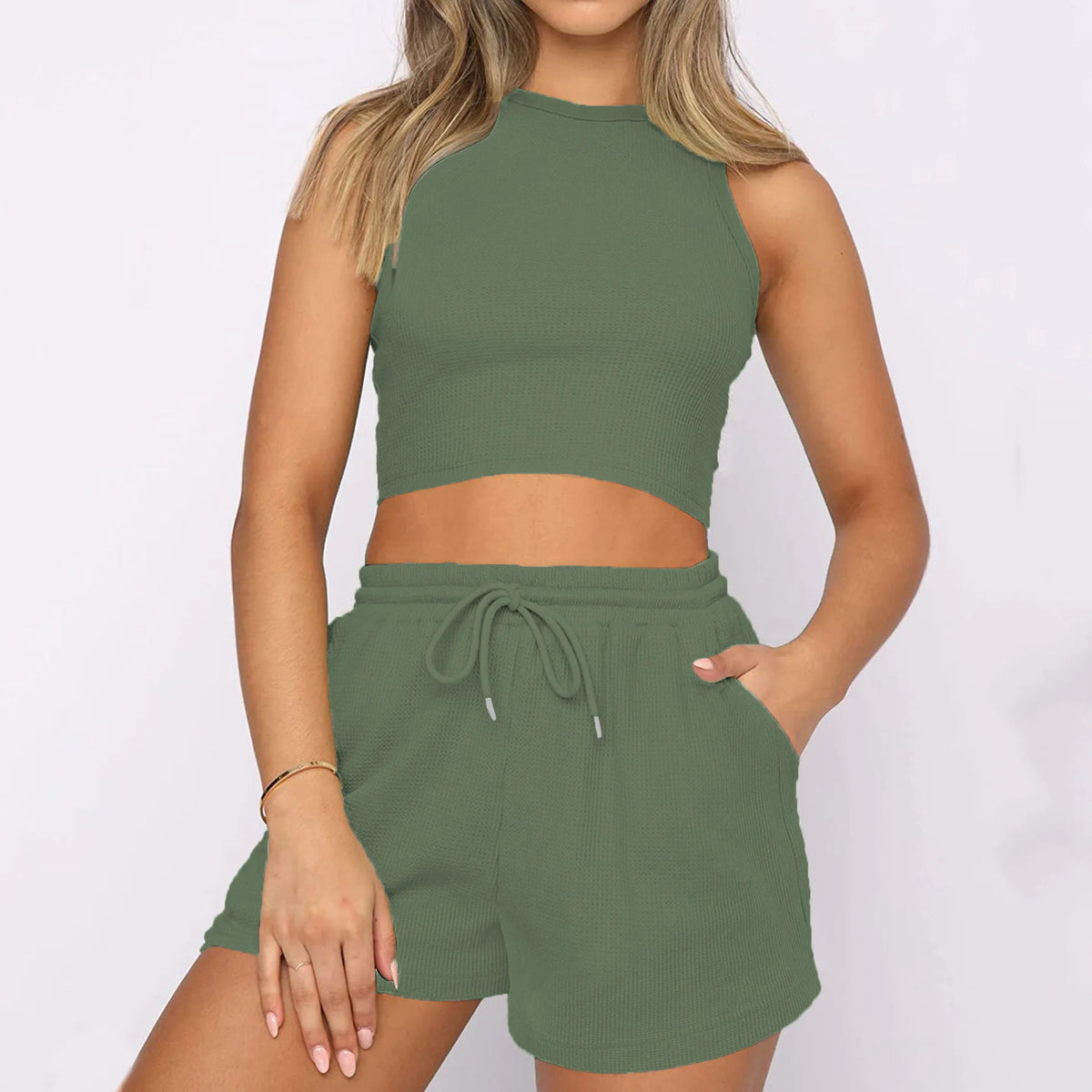Women Shorts Outfit Solid Sleeveless Ribbed Crop Tank And Drawstring Shorts Casual Tracksuit Workout Set 2 Piece Lounge Set
