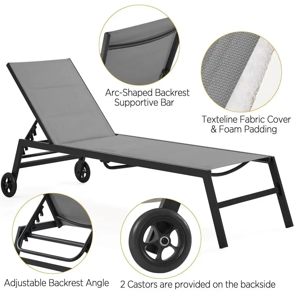 Weather-Resistant Outdoor Reclining Chaise Lounge with Wheels, 5-Position Adjustable, Ideal for Patio, Pool, Beach, Yard - Gray
