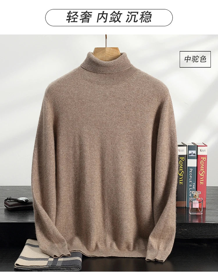 Autumn/Winter Men's 100% Cashmere Pullover Business Casual Solid Knitted Sweater Loose High Collar Tops Basic Thick Warm Jumper