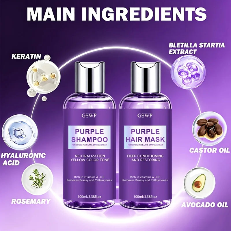 GSWP Purple Shampoo & Hair Mask Set, Neutralize Yellow & Brassy Tones, Deep Conditioning Repair Damaged Hair.100+100ml