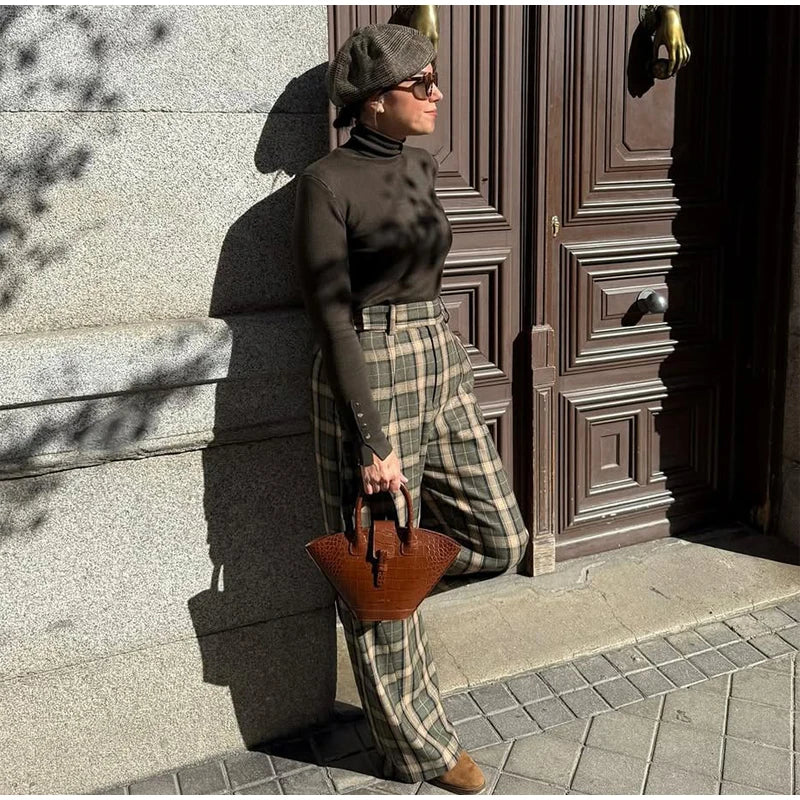 Chic Green Plaid Print Loose Pants Women Casual High Waist Straight Wide Leg Trousers Party Daily Classic Attire 2026 Spring