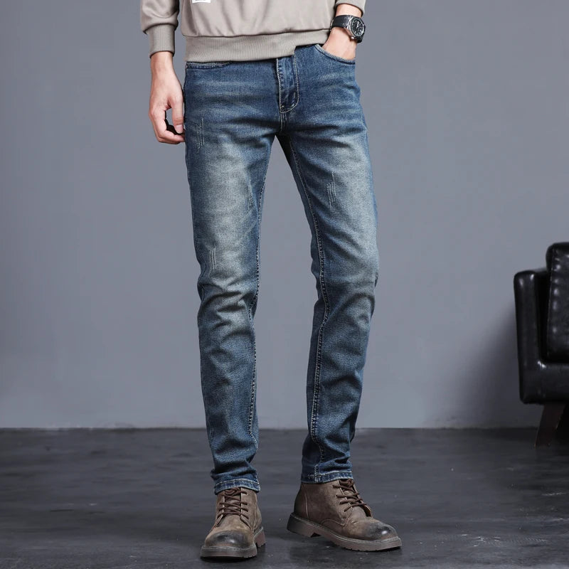 Men's Skinny Grey Jeans Fashion Casual Elastic Cotton Slim Korea Blue Biker Pencil Denim Trousers Male Hip Hop Brand Clothing