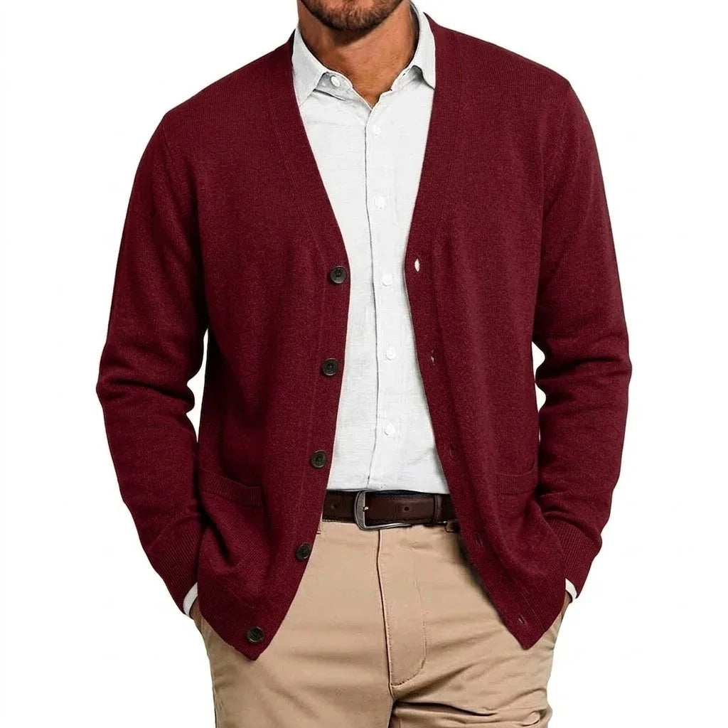 Mens VNeck Open Cardigan Jumper Button Front Knit Apparel Long Sleeve Knit Sweat Tops with Pockets Outer Garment for Males