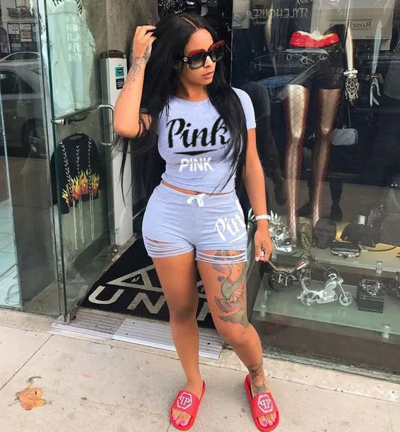 2026 Hot Selling European and American Women's Summer Pink Shorts Letter Print Burn Flower Sports Two-piece Set