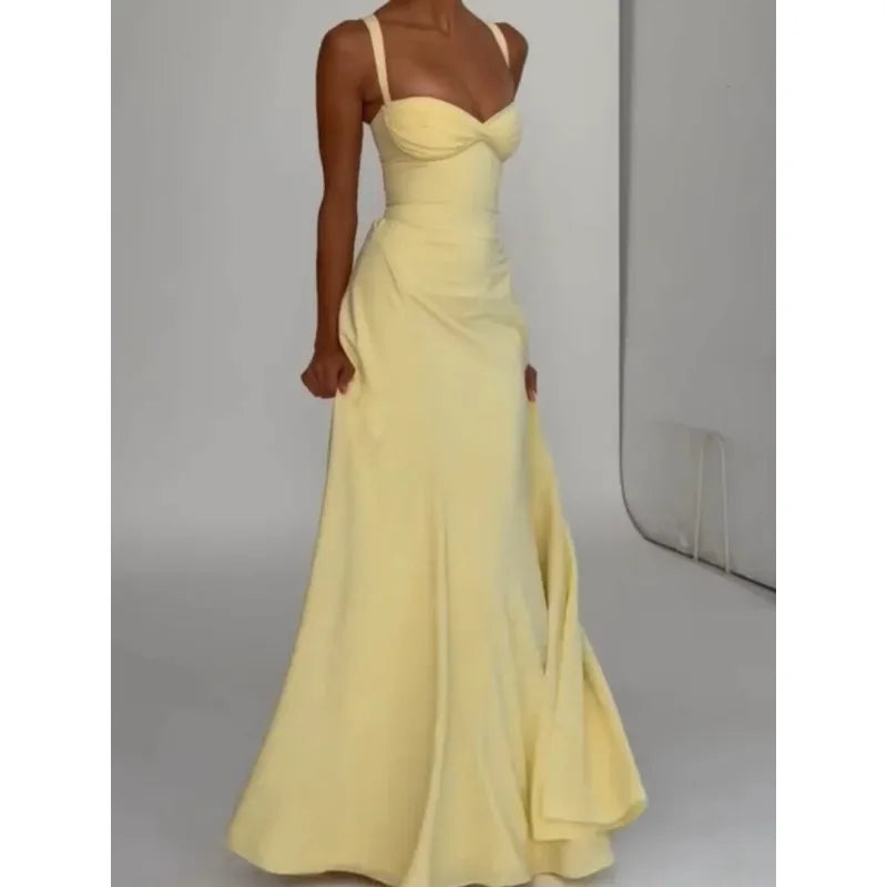 Women Yellow Low Cut Backless High Waisted Dress Lace Up Sleeveless Waist Cincher Spaghetti Strap Vestidos Party Club Women Robe