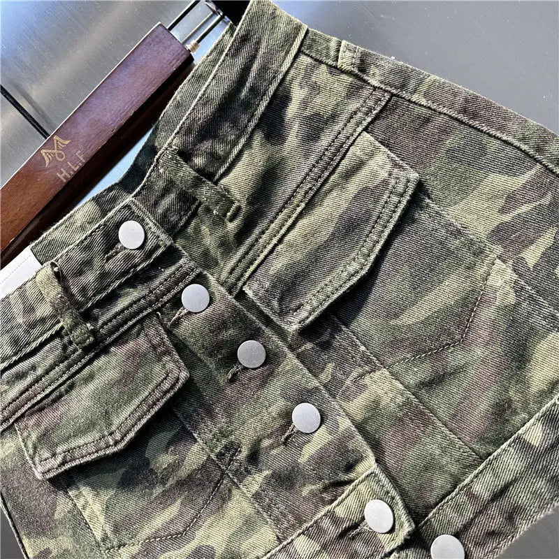Summer Women's Camouflage Denim Skirt American Casual Fashion Retro Irregular Splicing Single Breasted Slim Short Skirts