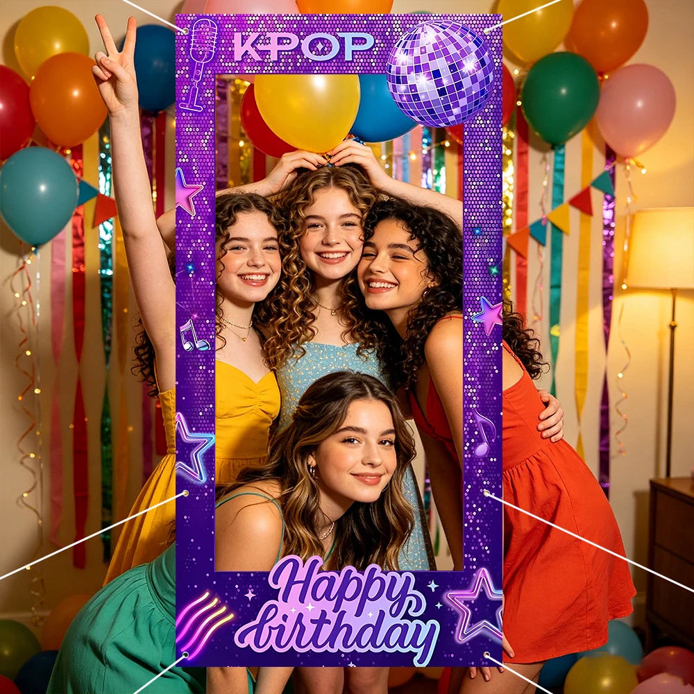 1pc Purple Disco Photo Frame Backdrop Happy Birthday Pattern Polyester Photo Booth Props for Disco Theme Birthday Party Supplies