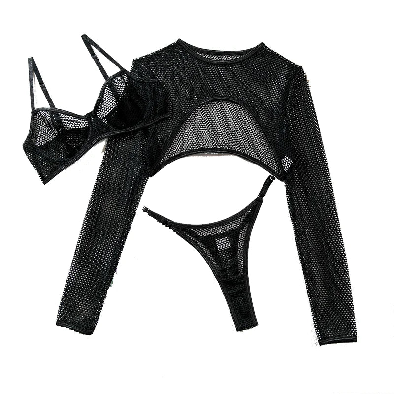 Sexy Transparent Bra Set With Long Sleeve Crop Top Fishnet Lingerie Eco-Friendly Packing