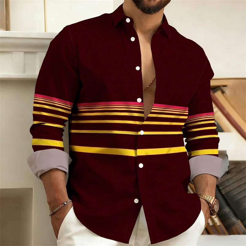 Men's Striped Long-Sleeved Shirt, Outdoor Street Style Casual Shirt for Men, Fashionable Lapel Men's Top, Comfortable Fabric.