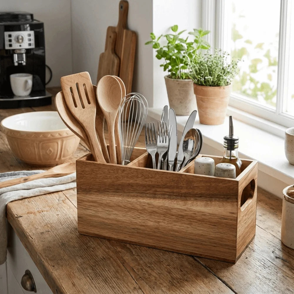 Kitchen Tools Wooden Utensil Organizer Space Saving 3 Compartment Cutlery Holder Rustic Durable Storage Rack Kitchen