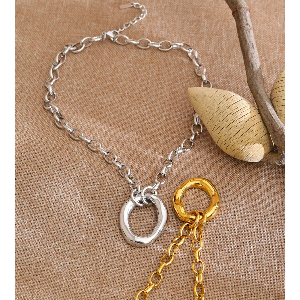 Yhpup Stainless Steel Metal Hollow Round Pendant Statement Necklace 16K Golden Platinum PVD Plated Daily Casual Collar Jewelry
