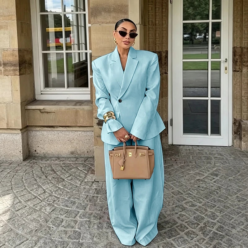 Chic White Wide-leg Pant Single Breasted Women Pants Set New Female Two Pieces(Blazer+Trousers) Conjuntos Femininos Elegantes