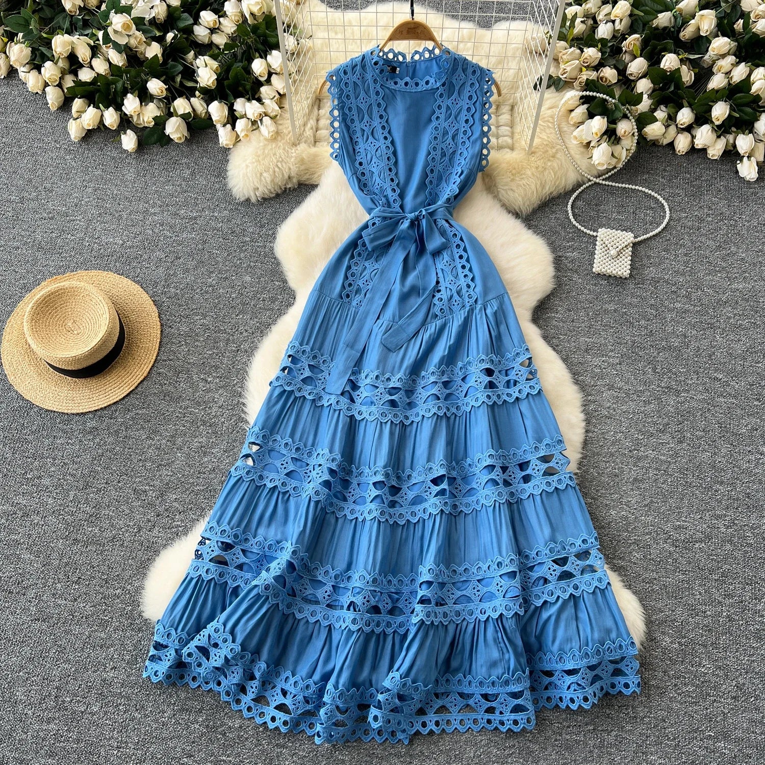 Sexy Hollow Out Embroidery O Neck Sleeveless Bandage Long Dresses Chic Evening Party Summer Vestidos Women Hip Wrap Clothing