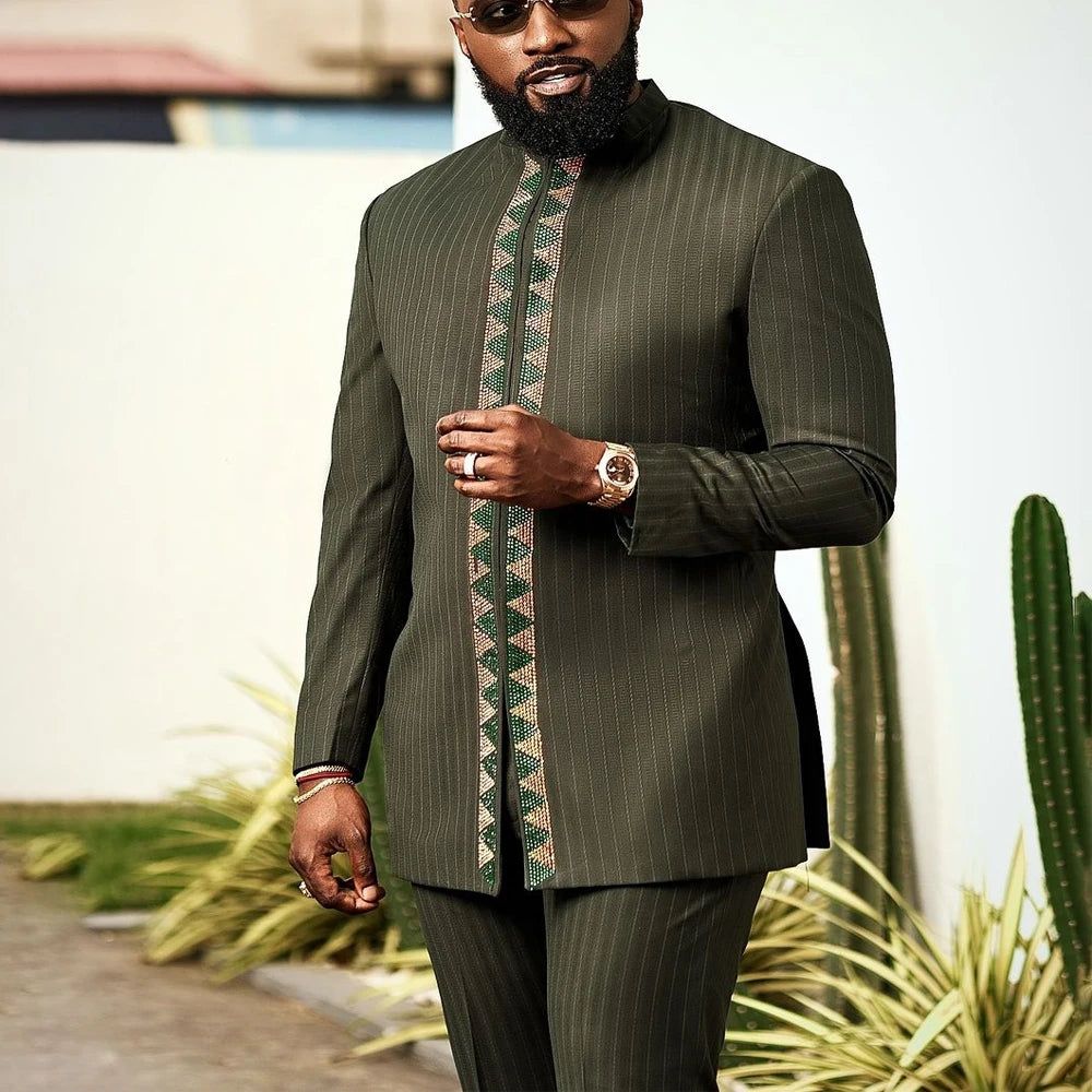 2024 Luxury Men's Suit Set Kaunda Suit Tuxedo Outfits Pocket Top Pants African Ethnic Wedding Gentleman 2pcs Sets Suit Outfits