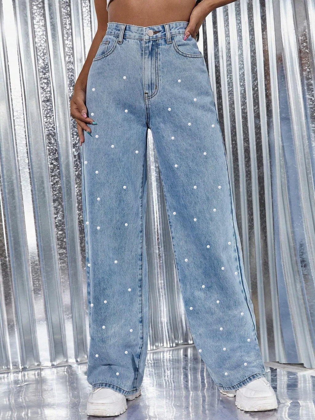 Denim Straight Pants Women Pearls Spliced Jeans High Waist Washed Basics Ankle Length Trousers Streetwear Pant Solid Autumn