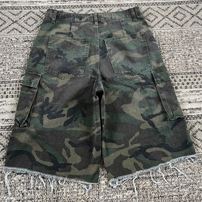 Y2K American New Camouflage Washed Old Baggy Denim Shorts Women Gothic Punk Hip Hop Popular Joker Wide Leg Shorts