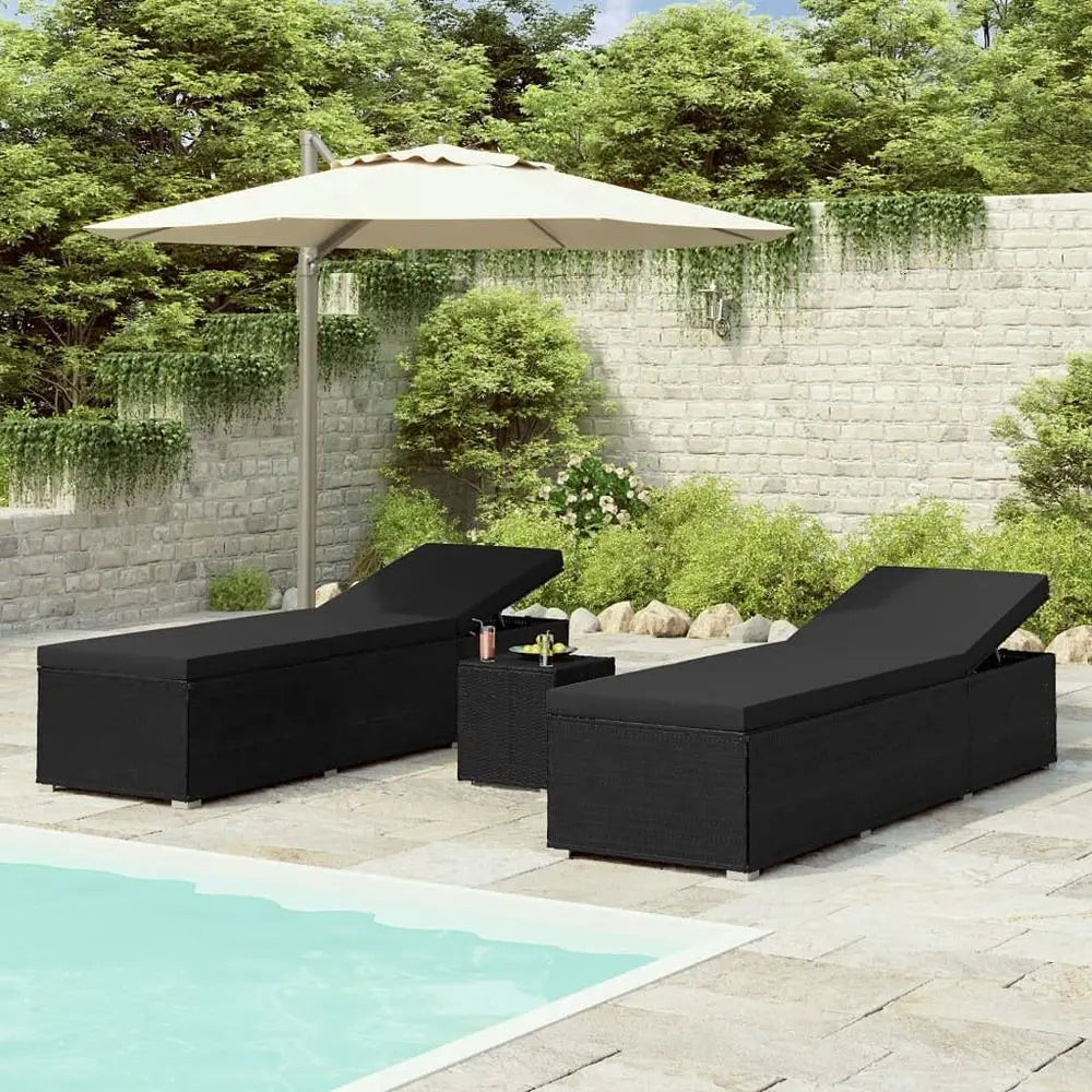 3 Piece Patio Sun Loungers with Tea Table Poly Rattan Black Both sides can be customized for comfort, Made from weatherproof PE