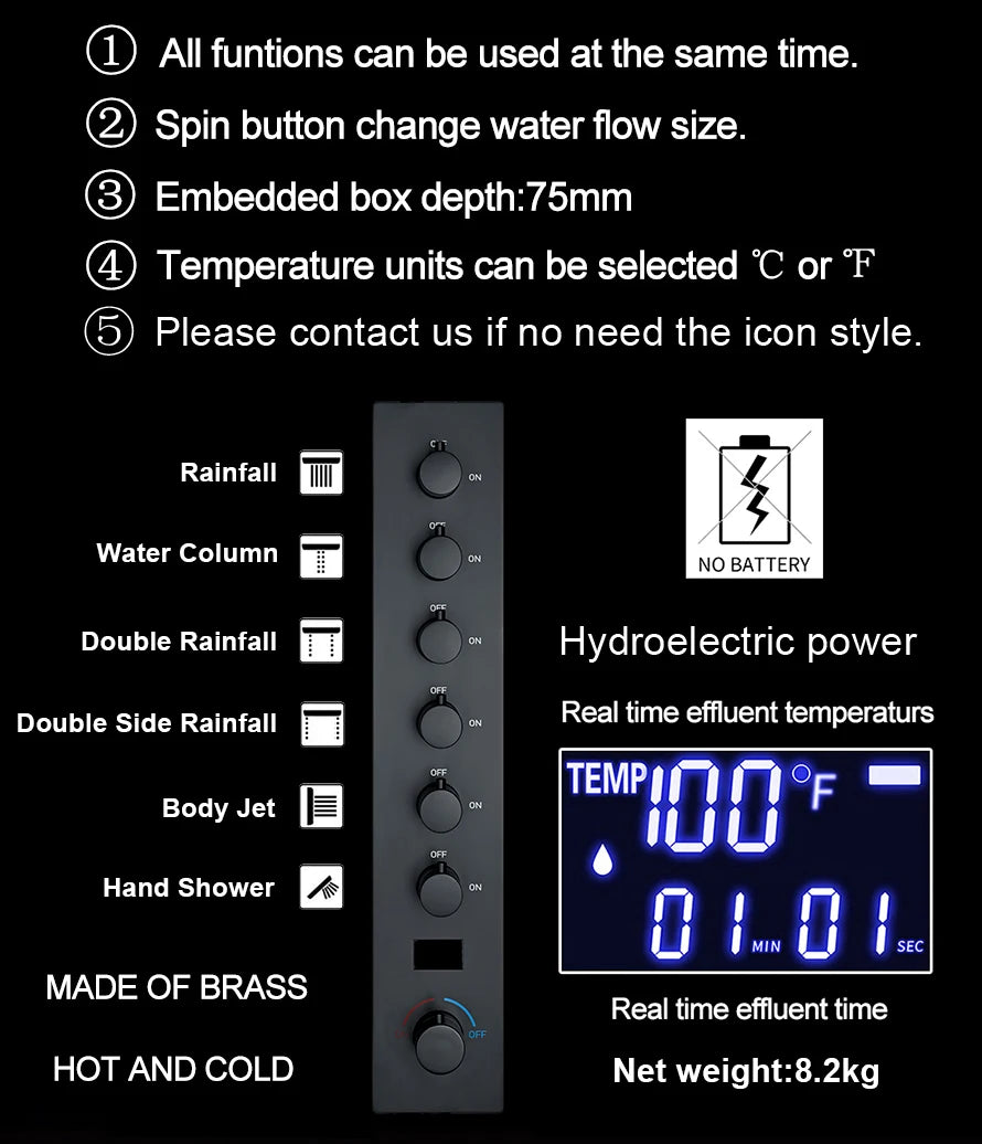 M Boenn 47*12 Inch LED lighting Large Black Shower Head Rainfall Bathroom Faucet Hot Cold Shower System Set Smart Showers Mixer