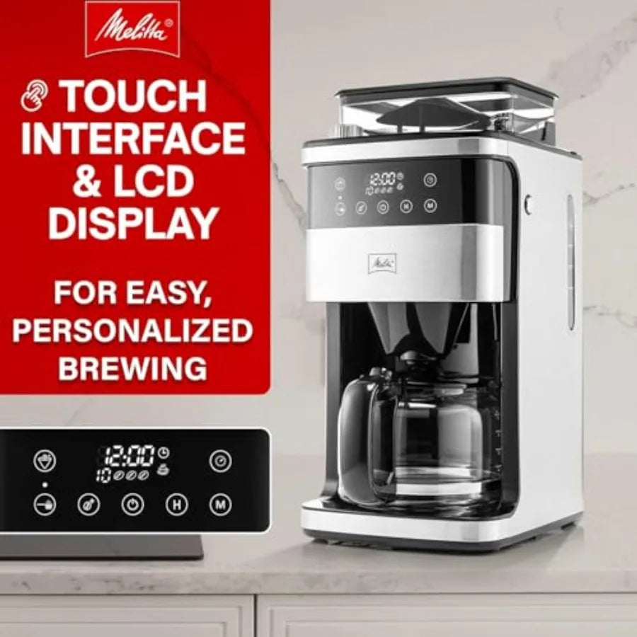 10-Cup Automatic Drip Coffee Maker with Built-in Burr Grinder Programmable 5-Pack Filters Included Stainless Steel Finish Keeps