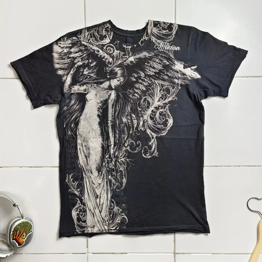Affliction High Street Y2K Mens T shirt Retro Graphic Print Oversized T Shirt Harajuku Gothic Cotton Short Sleeve Tops New