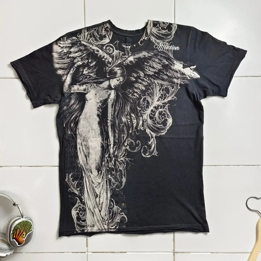 Affliction High Street Y2K Mens T shirt Retro Graphic Print Oversized T Shirt Harajuku Gothic Cotton Short Sleeve Tops New