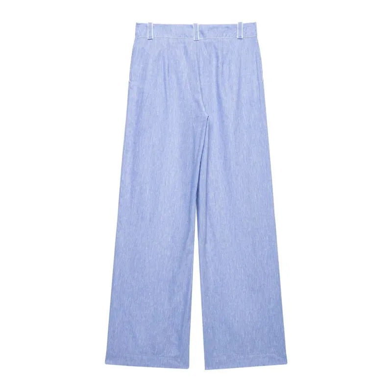 Women's High-Waist Pants Set Two Piece New 2026 Summer V-Neck Blouse with Piping and Straight Leg Pants Chic Female Outfit