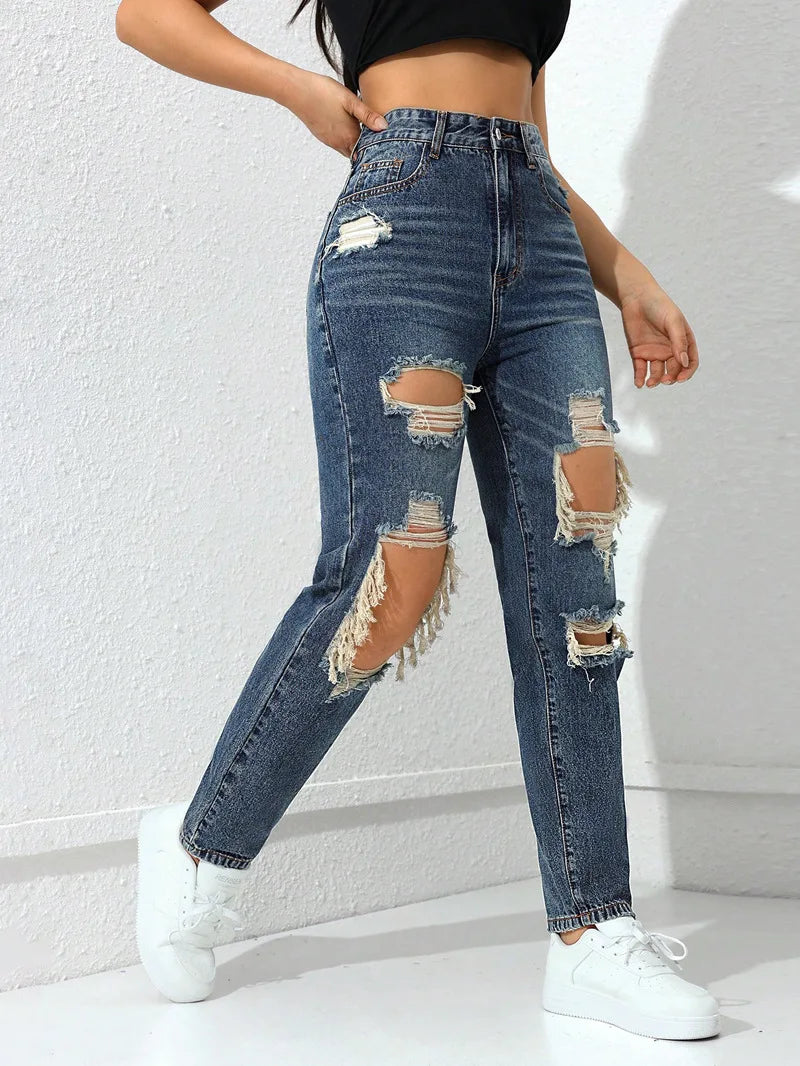Women's High Waist Ripped Denim Jeans with Distressed Knee Holes and Straight Leg Fit for Casual Streetwear Fashion