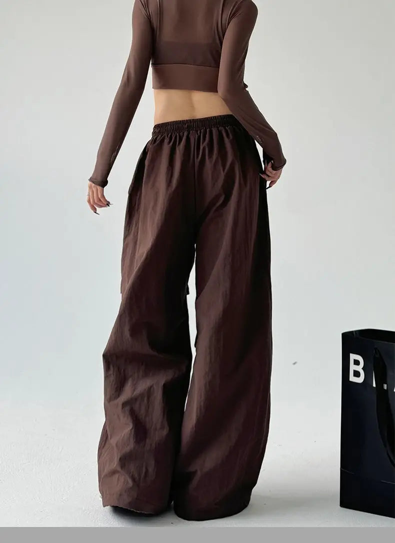Women's Brown Parachute Pants 2026 Summer New Loose Straight Wide Leg Trousers Casual Quick Dry Cargo Pants Streetwear